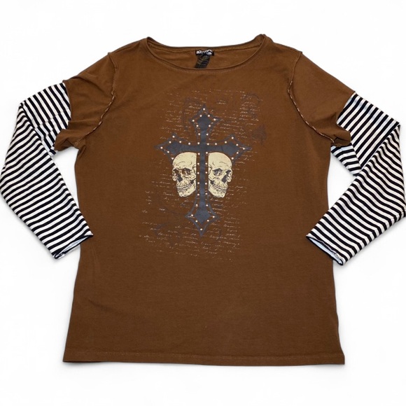 Hot Topic Tops - Hot Topic Shirt Skull Cross Rhinestones Striped Grunge Goth Emo Women L Junior 3